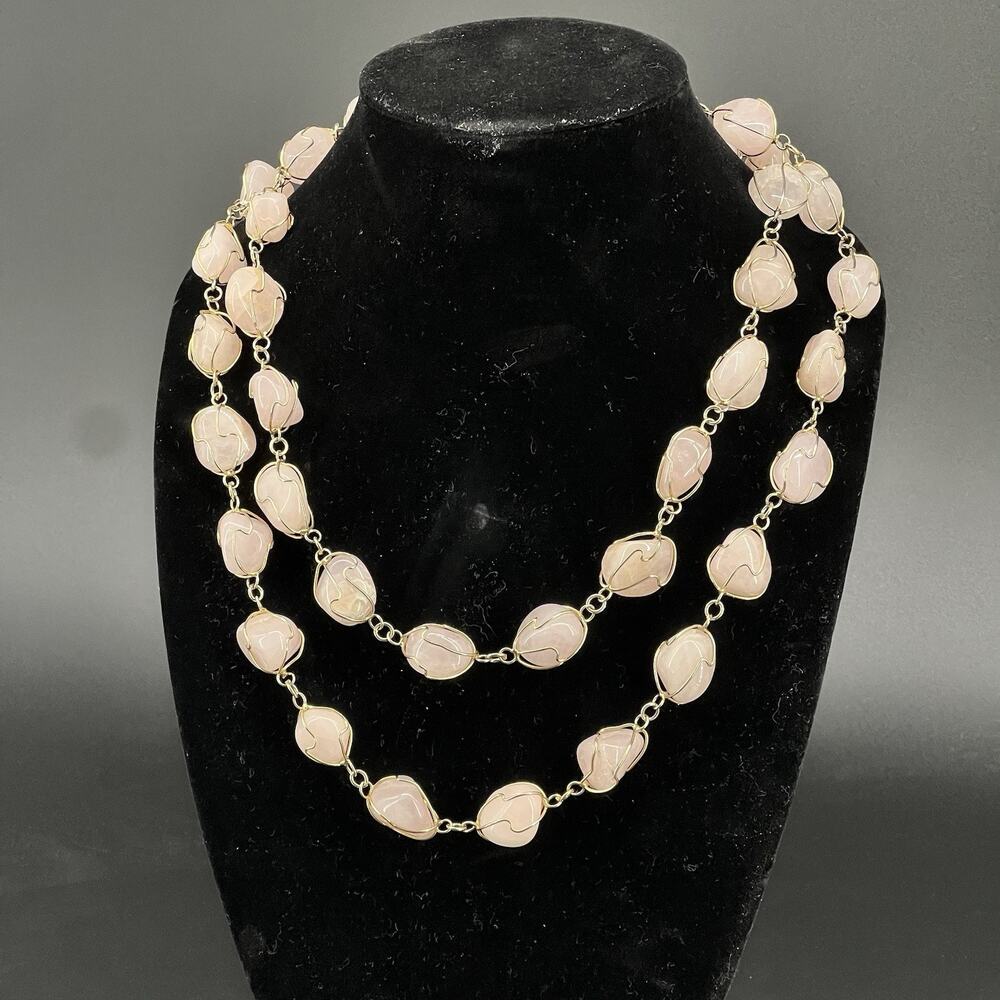 Genuine Rose Quartz Necklace 48” Long Pink Stone Wire Wrapped Statement